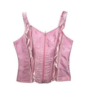 Y2K Pink Satin Lace Corset Top Zip Front Bustier Coquette Large